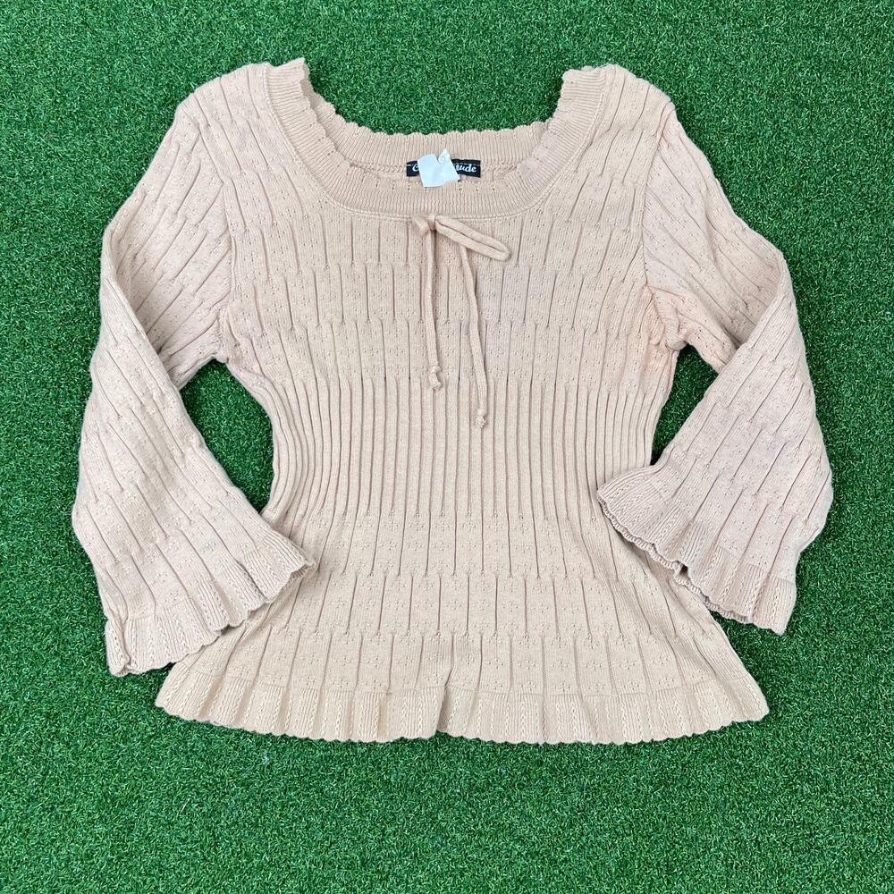 Vintage Cool Attitude Beige Ribbed Scalloped Flare Sleeve Sweater Top Sz L